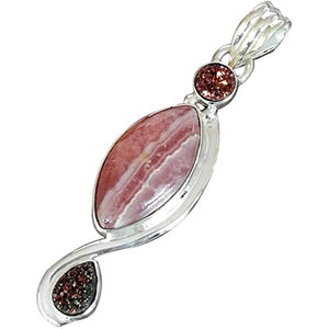 CZgem Rhodochrosite Pendant, 925 Sterling Silver Nature Handmade Boho Shape, 2"