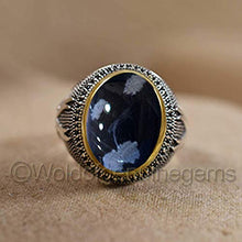 Load image into Gallery viewer, Snowflake Obsidian Gemstone Ring, Solid 925 Sterling Silver, Cab Oval, Black Enamel, Handmade, Sword Design Ring, Two Tone, Vintage Style, Bold Ring For Men, Unique Gift For Boys, Christmas Wear
