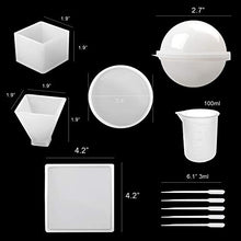 Load image into Gallery viewer, Silicone Resin Molds 5Pcs Resin Casting Molds Including Sphere, Cube, Pyramid, Square, Round with 1 Measuring Cup &amp; 5 Plastic Transfer Pipettes for Resin Epoxy, Candle Wax, Soap, Bowl Mat etc
