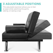 Load image into Gallery viewer, Best Choice Products Modern Faux Leather Convertible Futon Sofa w/Removable Armrests, Metal Legs, 2 Cupholders - Black
