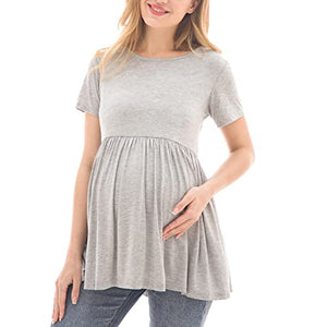 Bearsland Maternity Tops Short Sleeve Scoop Neck Breastfeeding Shirt Pregnancy Clothes，Green&Light Gray&White Flower,M
