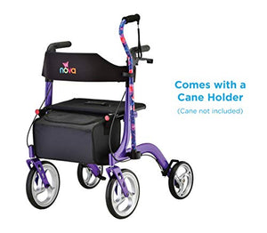 NOVA Medical Products Express Rollator Walker, Large 10” & 8” Wheels, Compact Foldable & Free Standing, Easy to Fold, Lift & Carry, Comes with Cane Holder, Purple
