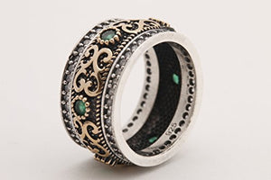 Handmade Turkish Authentic Jewelry Round Shape Cut Emerald Topaz 925 Sterling Silver Band Ring for Gift for Ladies Size ALL