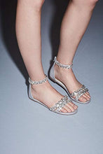 Load image into Gallery viewer, David's Bridal Jeweled Metallic Ankle Strap Flat Sandals Style Alessia, Silver Metallic, 6
