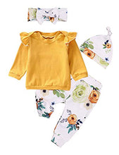 Load image into Gallery viewer, Baby Girls Clothes Long Sleeve Ruffle T-Shirt + Floral Pants + Headband + Hat 4Pcs Outfit Sets 0-3 Months
