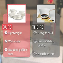Load image into Gallery viewer, BTaT- Tea Cups and Saucers, Set of 6 (7 oz) with Gold Trim and Gift Box, Cappuccino Cups, Coffee Cups, White Tea Cup Set, British Coffee Cups, Porcelain Tea Set, Latte Cups, Espresso Mug, White Cup
