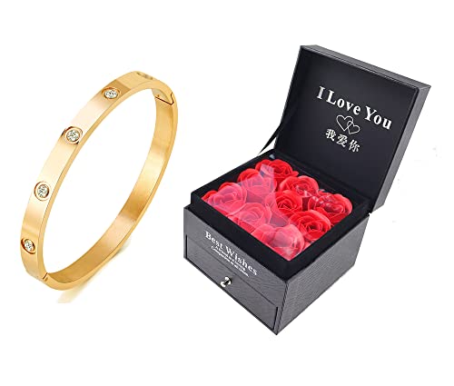 AD Jewelry 18 K Gold Plated Love Bangle Bracelet with Rose Box Stone Stainless Steel Bangle for Love