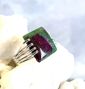 Voluptious Lips- RUBY in ZOISITE Natural (1.6 x 1.6 cm) Gemstone with Shimmering Pink-Red Ruby Matrix, 925 Sterling Silver, Handmade Ring Sz 8 Jewelry.