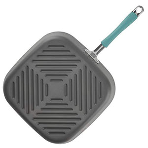Rachael Ray Cucina Hard Anodized Nonstick Grill/Deep Square Griddle Pan, 11 Inch, Gray with Blue Handles