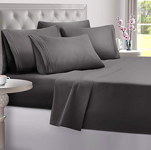 DreamCare 6 Piece Deep Pocket Sheets Microfiber Sheets Bed Sheets Bedding Sets Queen Size, Gray