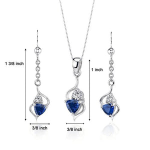 Created Sapphire Pendant Earrings Necklace Set Sterling Silver Trillion Cut 2.25 Carats