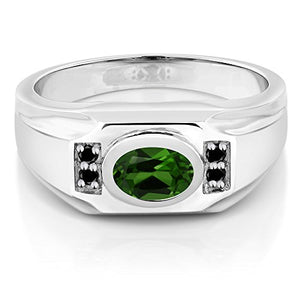 Gem Stone King 1.33 Ct Oval Green Chrome Diopside Black Diamond 925 Sterling Silver Men's Ring (Size 7)