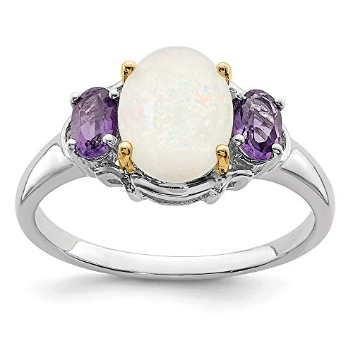 925 Sterling Silver 14k True Two Tone Yellow Gold Opal Purple Amethyst Band Ring Size 7.00 Stone Gemstone Fine Jewelry For Women Gifts For Her