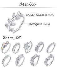 Load image into Gallery viewer, Tornito 10Pcs Nose Ring Hoop Paved Flower Leaf Feather CZ Cartilage Earrings Nose Piercing Jewelry for Women Men Silver Tone 20G
