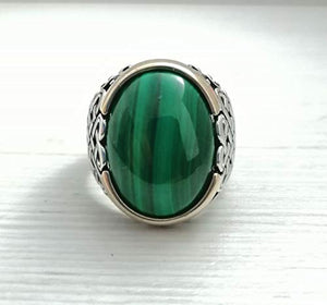 Handmade 925K Sterling Silver Mens Ring With Malachite Stone