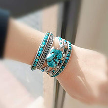 Load image into Gallery viewer, Plumiss Boho Leather Natural Druzy 5 Warps Bracelet Handmade Gemstone Beaded Bracelet Jewelry Collection (Turquoise)
