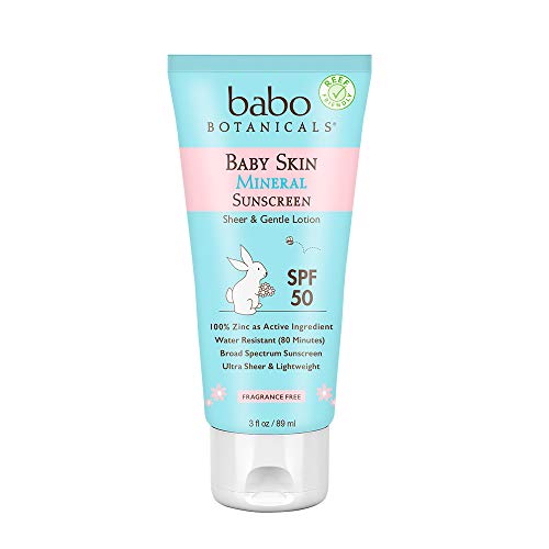 Babo Botanicals Baby Skin Mineral Sunscreen Lotion SPF 50 with 100% Zinc Oxide Active, Non-Greasy, Water-Resistant, Reef-Friendly, Fragrance-Free, Vegan - 3 oz.