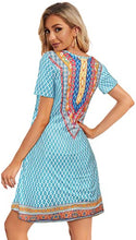 Load image into Gallery viewer, Women Boho Dresses Summer Vintage Printed Ethnic Style Sundress Shift Short Sleeves Pocket(Light Blue Boho,L)
