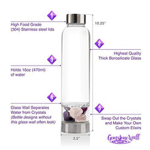 Load image into Gallery viewer, Crystal Water Bottle Elixir Set | Includes Authentic Amethyst &amp; Clear Quartz Crystals And Healing Stones | Black Neoprene Sleeve | Drink Gem Infused Water On The Go
