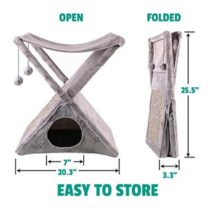 Ruff 'n Ruffus Foldable Cat Tower Tree + Free Bonus Handheld Chase Toy + 6 Cat Toys | Plush Folding House with Hammock | Condo | Scratching Pad & Post | & Play Balls | for Kittens | Medium & Large Cat