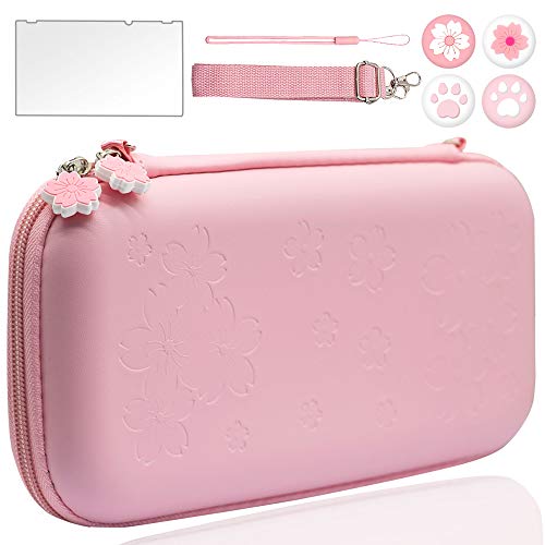BRHE Cute Switch Case Travel Carrying Bundle Kit Hard Portable Protective Cover Shell Accessories with Glass Screen Protector Thumb Grip Caps for Nintendo Switch (Sakura Pink)