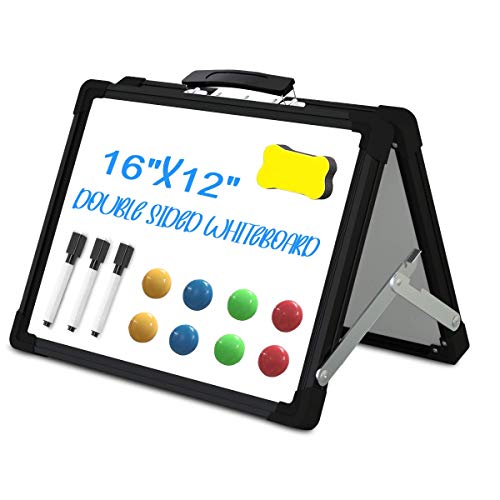 Portable White Board,12×16inches Small Dry Erase Board Double-Side Desktop Foldable Magnetic Whiteboards Easel Stand for Kids Education,Office and Home&School-Color Black