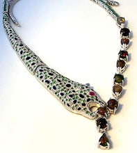 Load image into Gallery viewer, Splendid Tiger Necklace with Genuine Solid Black OPAL (11 Gems), EMERALD (30 Gems), TSAVORITE and RUBY Natural Gemstones, 14k White GOLD, Superb Fine 'Cartier' Style Jewelry.
