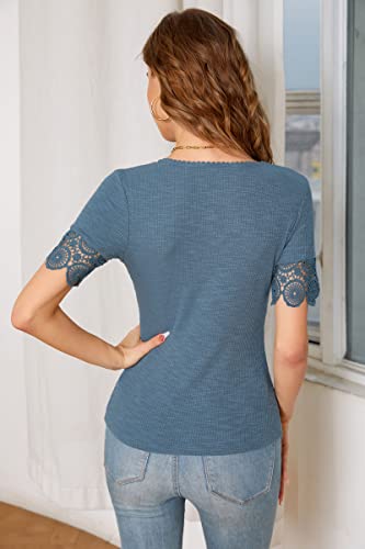Load image into Gallery viewer, VICHYIE Womens Short Lace Sleeves Tunic Summer Tops V Neck Button Neck Casual Slim Fit Blouses Cute Shirts Black Medium