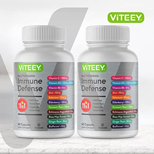 11 in 1 Immune Defense Support Supplement Booster with Vitamin C, Vitamin D3, Vitamin B6, Zinc, Elderberry, Echinacea, Turmeric, Rose-Hips, Selenium, BioPerine, Ginger, For Adults [60 Capsules-2 Pack]