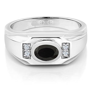 Gem Stone King 1.25 Ct Oval Black Onyx White Created Sapphire 925 Sterling Silver Men's Ring (Size 11)