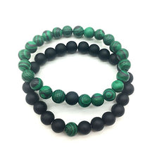 Load image into Gallery viewer, Set of 2 Womens Mens 8mm Handmade Couples Distance Beads Bracelets Friendship Couple Jewelry Round Energy Stone Beads Gemstone Beaded for Valentine Birthday (Malachite Stone &amp; Black Matte Agate)
