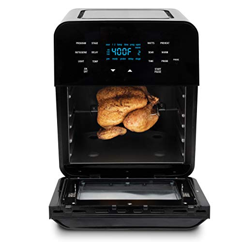NUWAVE BRIO 14-Quart Large Capacity Air Fryer Oven with Digital Touch Screen Controls and Integrated Digital Temperature Probe; 3 Heavy-Duty NEVER-RUST Stainless Steel Mesh Racks Great for Multi-Level Family Meals; Drip Tray; Rotisserie Kit includes Skewe