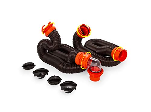 Camco 20' (39742) RhinoFLEX 20-Foot RV Sewer Hose Kit, Swivel Transparent Elbow with 4-in-1 Dump Station Fitting-Storage Caps Included , Brown