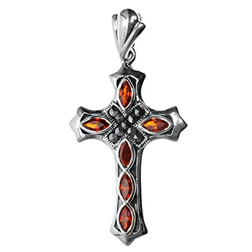 Cross Pendant Simulated Garnet Simulated Marcasite .925 Sterling Silver Charm - Silver Jewelry Accessories Key Chain Bracelet Necklace Pendants