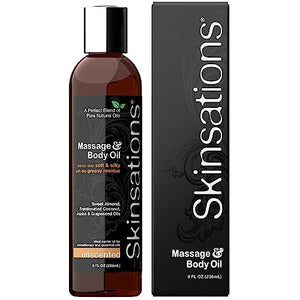 Skinsations - Natural Massage & Body Oil - Unscented 8oz | Relaxing, Sore Muscle Aromatherapy, Edible Sweet Almond Blend with Fractionated Coconut, Grapeseed & Jojoba Oils, Soothes Dry, Sensitive Skin