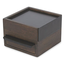 Load image into Gallery viewer, Umbra Mini Stowit Jewelry Box - Modern Keepsake Storage Organizer with Hidden Compartment Drawers for Ring, Bracelet, Watch, Necklace, Earrings, and Accessories (Black / Walnut)
