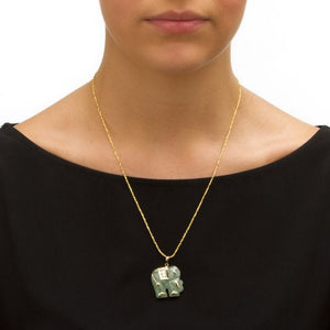 14K Yellow Gold Genuine Green Jade Good Luck Elephant Charm Pendant (33mm)