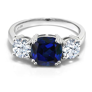 Gem Stone King 925 Sterling Silver Blue Simulated Sapphire Women Meghan Ring (4.00 Ct Cushion) (Size 7)