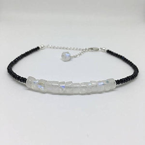 925 sterling Silver Unique Wedding Gift 4x2-5x3mm stacking Black & White Rainbow Moonstone and Black Spinel Bracelet Rondelle, Faceted & Smooth 7" for mens, womens, gf, bf & Adult.