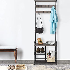 HOMEKOKO Coat Rack Shoe Bench, Hall Tree Entryway Storage Bench, Wood Look Accent Furniture with Metal Frame, 3-in-1 Design