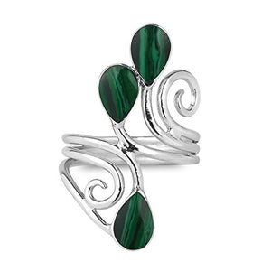 Floral Vine Ornate Teardrop Green Malachite Sterling Silver Ring (6)