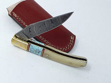 Load image into Gallery viewer, Damascus Knives Laguiole Style Pocket Knife White Bone &amp; Turquoise Handle With Leather Sheath Made in Ancient Persian Indus Valley
