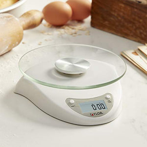 Taylor Precision Products Digital Kitchen Scale with Glass Platform, Tare Button, and Plastic Body Weighs Up to 6.6 Pounds Capacity