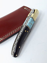 Load image into Gallery viewer, Damascus Knives Laguiole Style Pocket Knife Ram Horn &amp; Turquoise Handle With Leather Sheath Made in Ancient Persian Indus Valley
