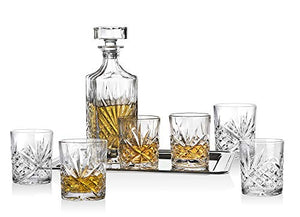 Dublin Whiskey Bar Set - Includes Whisky Decanter, 6 Old Fashioned Tumbler Glasses and Mirrored Display Tray