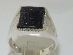 Gents Solid 925 Sterling Silver Blue Goldstone Mens Mans Signet Ring - Size 6.25 - Sizes 6 to 13 Available