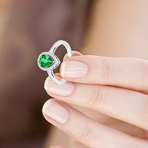1.30 CT Pear Shaped Emerald Certified Diamond Halo Engagement Ring, Solitaire Teardrop Green Gemstone Wedding Rings, May Birthstone Promise Ring Gifts, 14K White Gold, Size:US 6.0