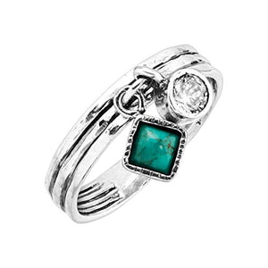 Silpada 'Dream in Blue-Green' Charm Ring with Compressed Turquoise & Cubic Zirconia in Sterling Silver, Size 8