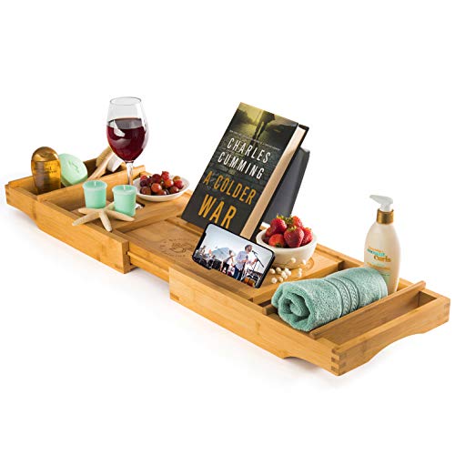 Luxury Bamboo Bathtub Tray Caddy - Expandable and Nonslip Bath Caddy with Book/Tablet and Wine Glass Holder - Great Gift Idea for Loved Ones