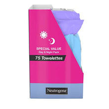 Load image into Gallery viewer, Neutrogena Day &amp; Night Wipes with Makeup Remover Face Cleansing Towelettes &amp; Night Calming Facial Cloths, Alcohol-Free Wipes to Remove Dirt, Oil &amp; Waterproof Mascara, 3 Packs of 25 ct, 75 ct

